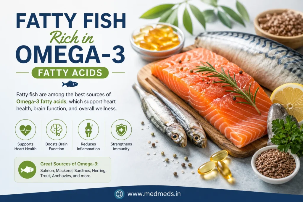 Infographic showing fatty fish rich in omega-3 fatty acids, including salmon, mackerel, and sardines, alongside fish oil capsules and flaxseeds. The image highlights benefits such as supporting heart health, boosting brain function, reducing inflammation, and strengthening immunity.