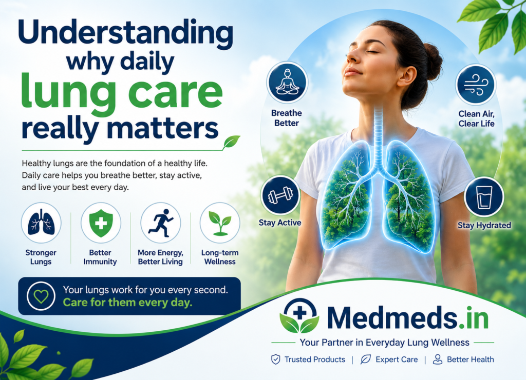 Infographic about daily lung care featuring a woman practicing mindful breathing with illustrated healthy lungs. The graphic highlights key lung wellness habits such as breathing better, staying active, maintaining clean air, and staying hydrated, along with benefits including stronger lungs, better immunity, more energy, and long-term wellness.
